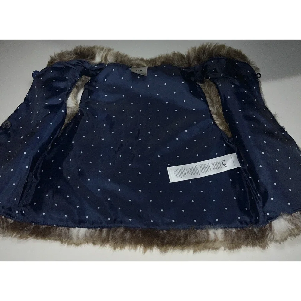 OshKosh Bgosh‎ Brown Faux Fur Vest Navy Polka Dot Lining Girls 12M Baby